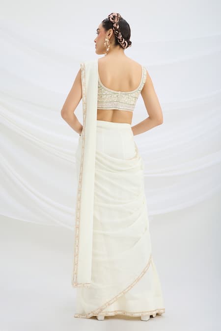Mirroir Designer Off White Pre-Draped Saree Set 