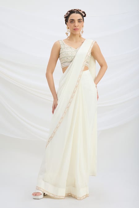 Mirroir Designer Off White Pre-draped Saree Set 