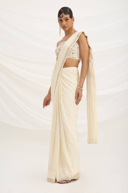 Mirroir_Beige Linen, Chiffon Sequins, Embroidery Square Neck Pre-draped Saree Set _Online_at_Aza_Fashions