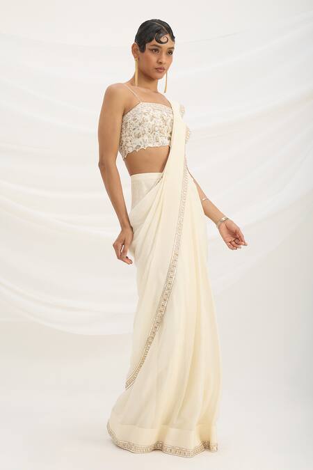 Buy_Mirroir_Beige Linen, Chiffon Sequins, Embroidery Square Neck Pre-draped Saree Set _Online_at_Aza_Fashions