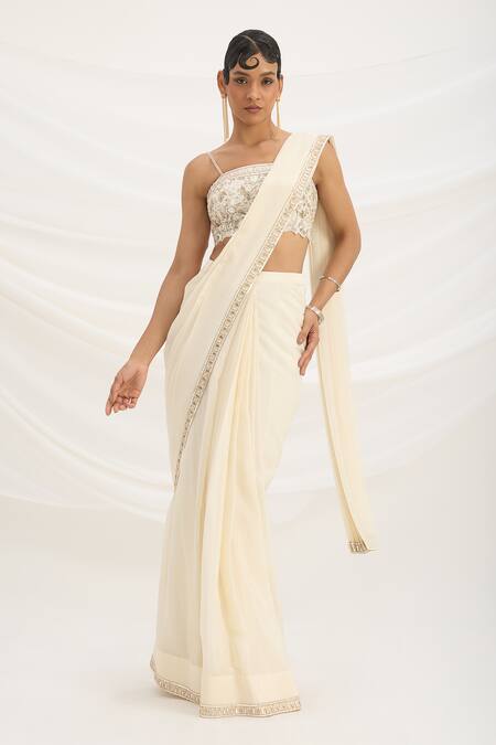 Shop_Mirroir_Beige Linen, Chiffon Sequins, Embroidery Square Neck Pre-draped Saree Set _Online_at_Aza_Fashions