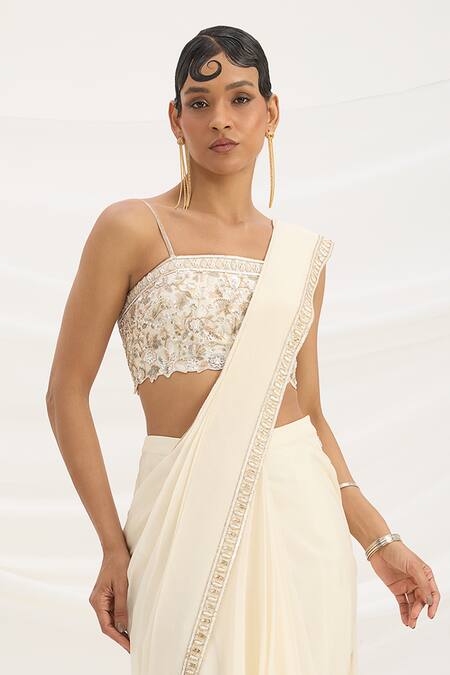 Mirroir_Beige Linen, Chiffon Sequins, Embroidery Square Neck Pre-draped Saree Set _at_Aza_Fashions