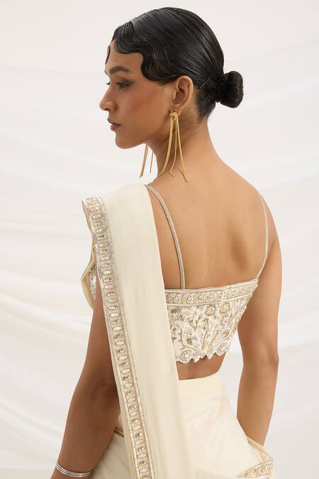 Buy_Mirroir_Beige Linen, Chiffon Sequins, Embroidery Square Neck Pre-draped Saree Set 
