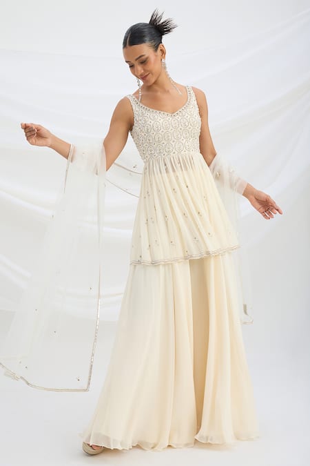 Shop_Mirroir_Beige Georgette Embroidery, Sequins V-neck Kurta Set With Dupatta _Online_at_Aza_Fashions