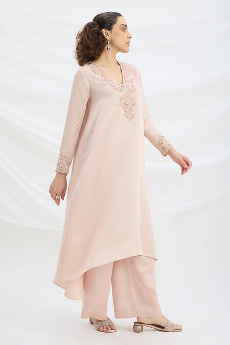 Mirroir_Pink Satin V-neck Light Semi Kurta Pant Set _Online_at_Aza_Fashions