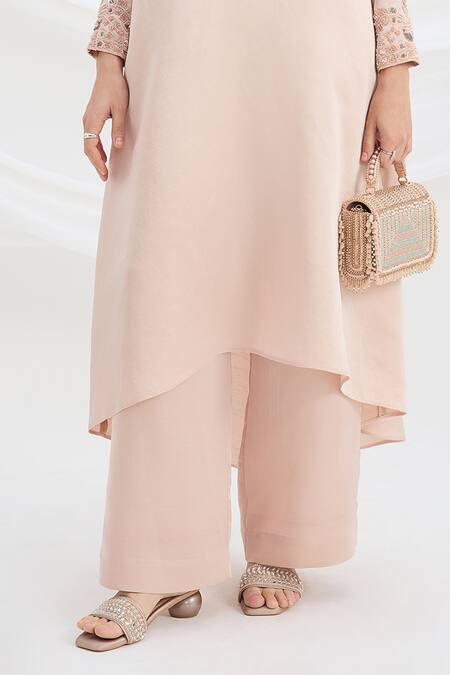 Buy_Mirroir_Pink Satin V-neck Light Semi Kurta Pant Set _Online_at_Aza_Fashions