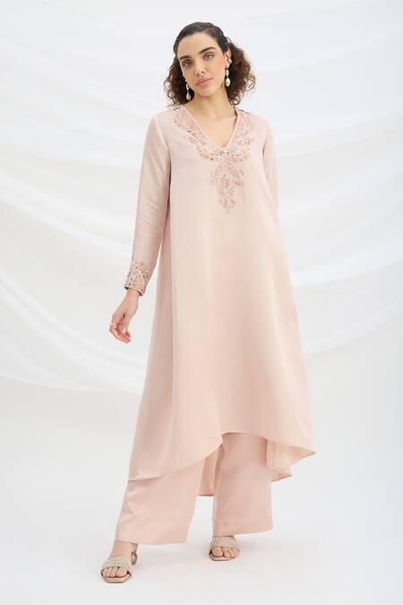 Shop_Mirroir_Pink Satin V-neck Light Semi Kurta Pant Set _Online_at_Aza_Fashions