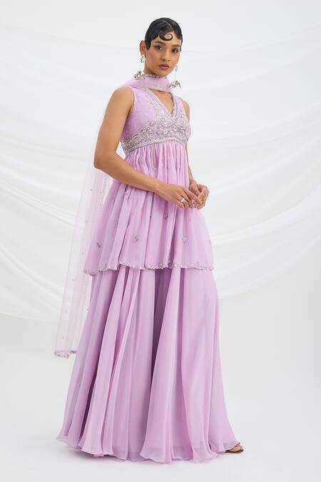 Mirroir_Lilac Viscose, Organza, Crepe, Net Purple Kurta Set With Dupatta And Sharara _Online_at_Aza_Fashions