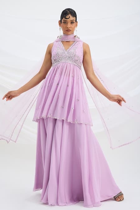 Mirroir Lilac Viscose, Organza, Crepe, Net Purple Kurta Set With Dupatta And Sharara 