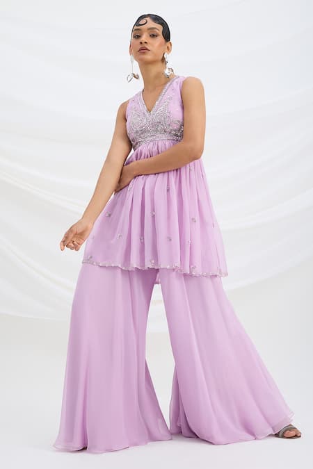 Buy_Mirroir_Lilac Viscose, Organza, Crepe, Net Purple Kurta Set With Dupatta And Sharara _Online_at_Aza_Fashions