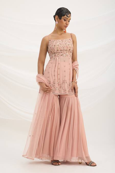 Mirroir_Peach Viscose, Crepe, Georgette Sequins, Embroidery Square Neck Pink Kurta Set _Online_at_Aza_Fashions