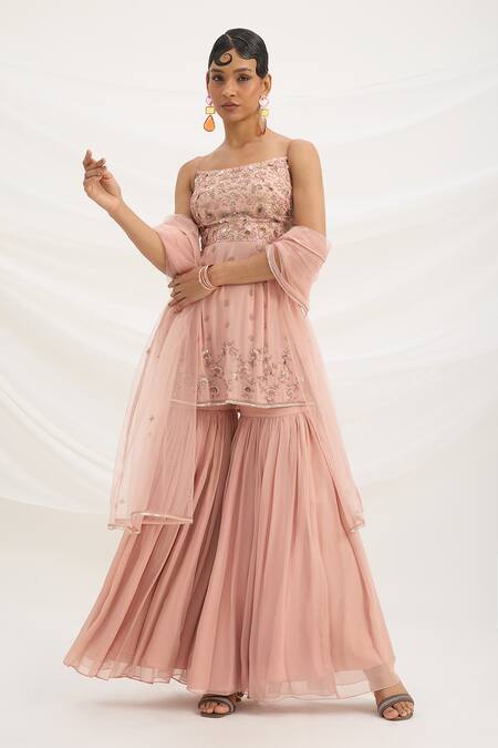 Buy_Mirroir_Peach Viscose, Crepe, Georgette Sequins, Embroidery Square Neck Pink Kurta Set _Online_at_Aza_Fashions