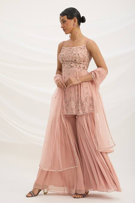 Shop_Mirroir_Peach Viscose, Crepe, Georgette Sequins, Embroidery Square Neck Pink Kurta Set _Online_at_Aza_Fashions
