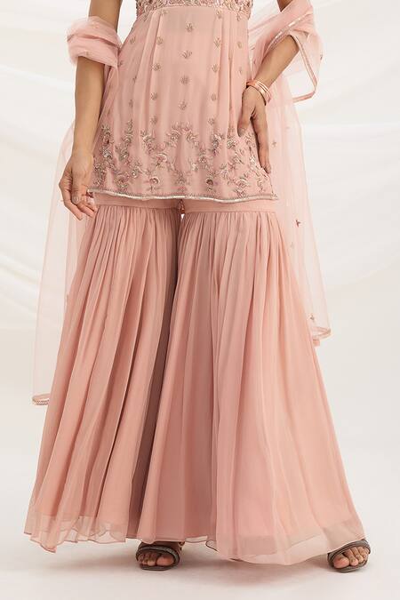 Mirroir_Peach Viscose, Crepe, Georgette Sequins, Embroidery Square Neck Pink Kurta Set _at_Aza_Fashions