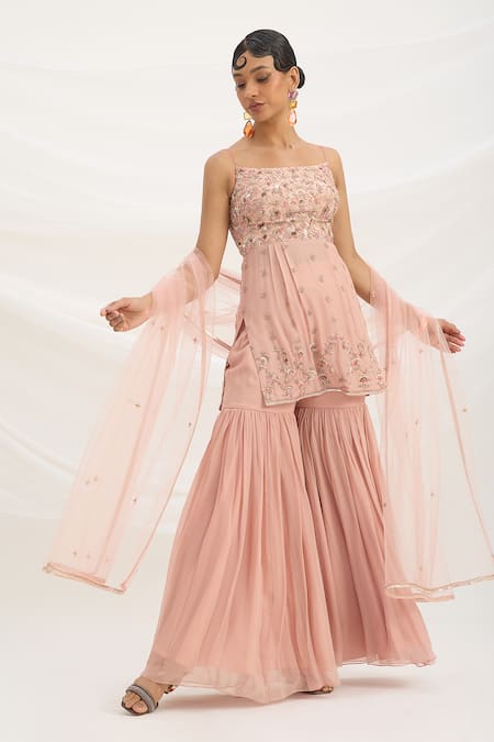 Buy_Mirroir_Peach Viscose, Crepe, Georgette Sequins, Embroidery Square Neck Pink Kurta Set 