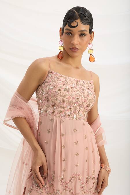 Shop_Mirroir_Peach Viscose, Crepe, Georgette Sequins, Embroidery Square Neck Pink Kurta Set 
