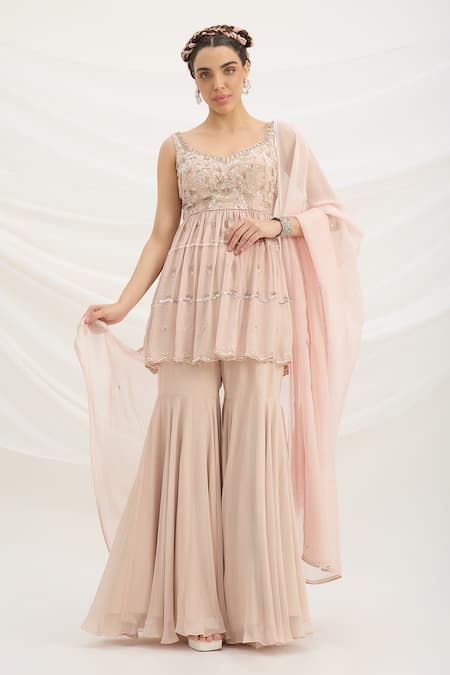 Mirroir Light Pink Embroidered Kurta Sharara Set 
