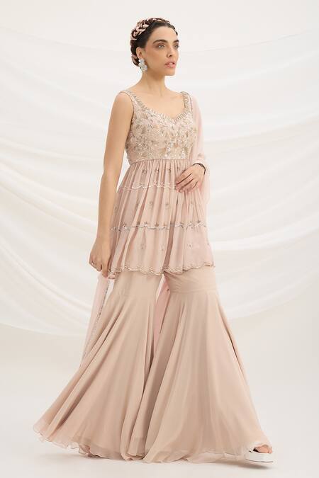 Buy_Mirroir_Pink Viscose, Georgette, Chiffon Sequins, Embroidery Light Kurta Sharara Set _Online_at_Aza_Fashions