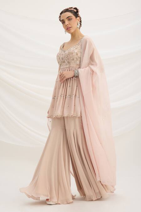 Shop_Mirroir_Pink Viscose, Georgette, Chiffon Sequins, Embroidery Light Kurta Sharara Set _Online_at_Aza_Fashions