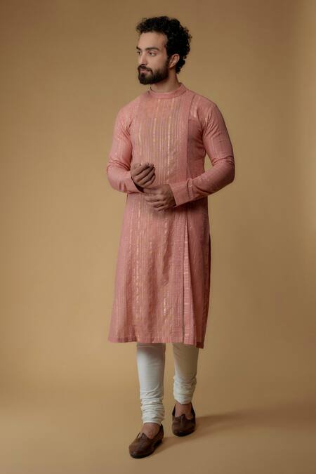 Ritambh By Rishi & Sachin Pink Cotton, Lurex Embroidery Salmon Designer Kurta 