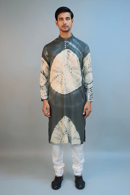 Ritambh By Rishi & Sachin_Green Silk, Modal Tie-dye Kurta _Online_at_Aza_Fashions