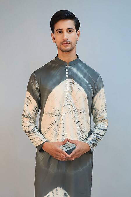 Buy_Ritambh By Rishi & Sachin_Green Silk, Modal Tie-dye Kurta _Online_at_Aza_Fashions
