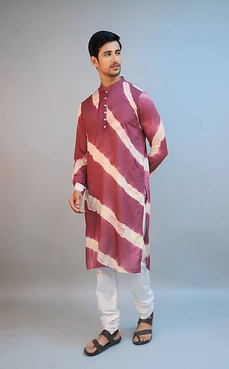 Ritambh By Rishi & Sachin_Wine Silk, Modal Striped Kurta _Online_at_Aza_Fashions