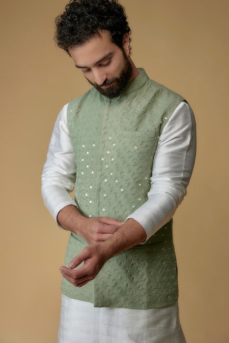 Ritambh By Rishi & Sachin_Green Cotton Sequins Lurex Nehru Jacket _Online_at_Aza_Fashions