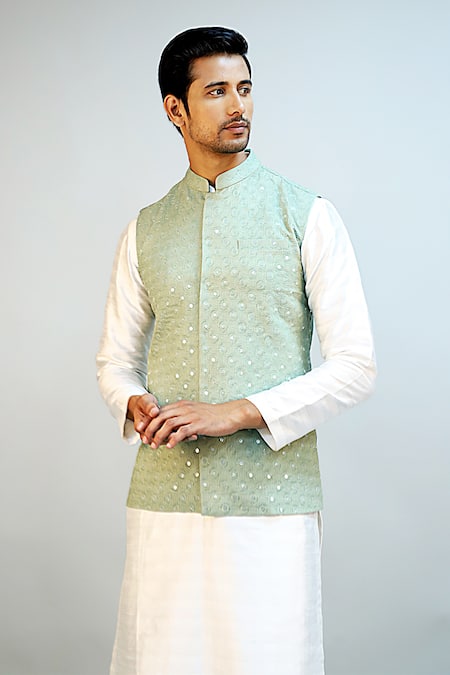 Buy_Ritambh By Rishi & Sachin_Green Cotton Sequins Lurex Nehru Jacket _Online_at_Aza_Fashions