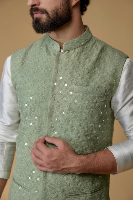 Shop_Ritambh By Rishi & Sachin_Green Cotton Sequins Lurex Nehru Jacket _Online_at_Aza_Fashions