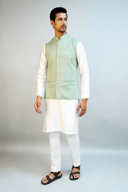Ritambh By Rishi & Sachin_Green Cotton Sequins Lurex Nehru Jacket _at_Aza_Fashions