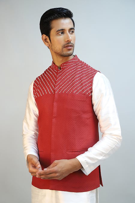 Ritambh By Rishi & Sachin_Red Cotton Embroidery Designer Nehru Jacket _Online_at_Aza_Fashions
