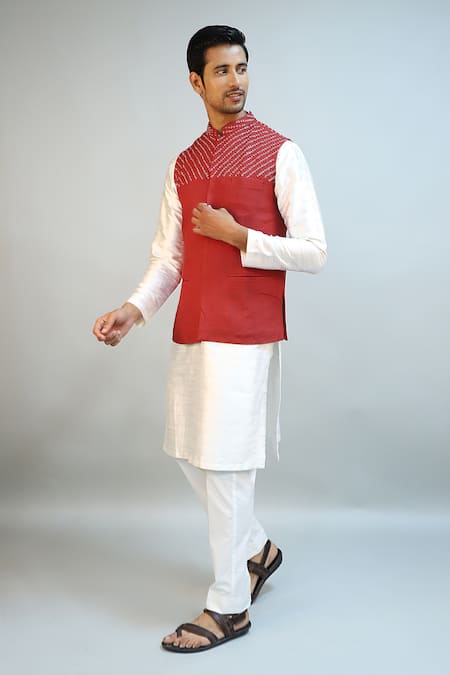 Buy_Ritambh By Rishi & Sachin_Red Cotton Embroidery Designer Nehru Jacket _Online_at_Aza_Fashions