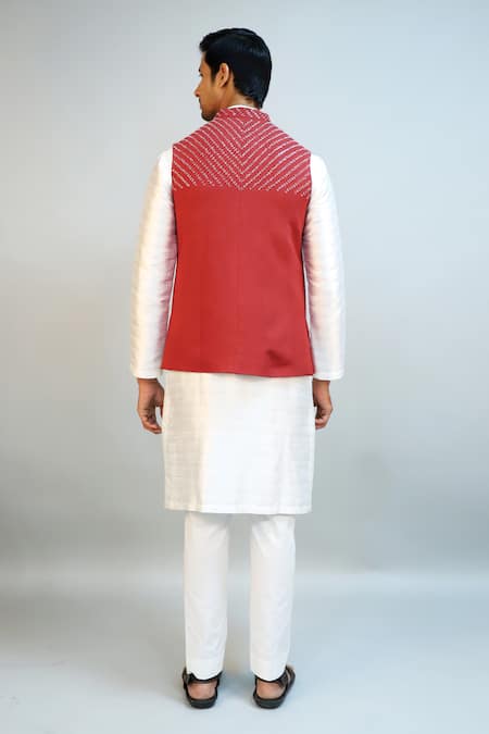 Shop_Ritambh By Rishi & Sachin_Red Cotton Embroidery Designer Nehru Jacket _Online_at_Aza_Fashions