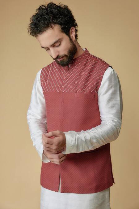 Ritambh By Rishi & Sachin_Red Cotton Embroidery Designer Nehru Jacket _at_Aza_Fashions