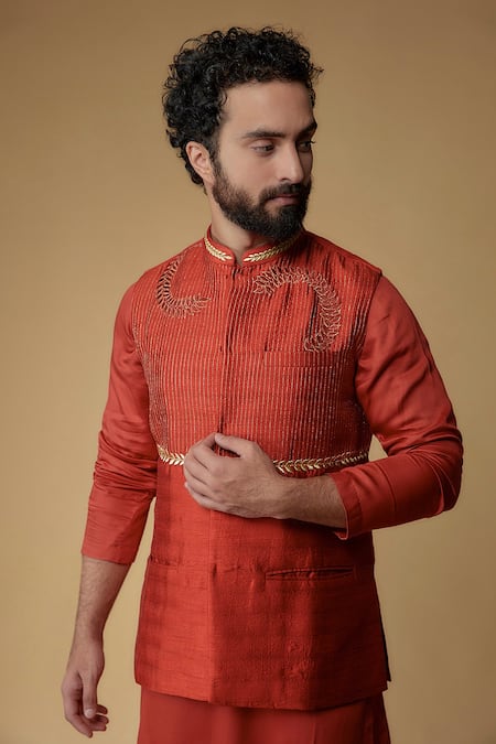 Ritambh By Rishi & Sachin Red Silk Bundi & Kurta Set 