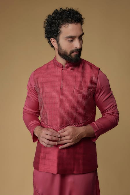Ritambh By Rishi & Sachin Pink Silk Bundi & Kurta Set 