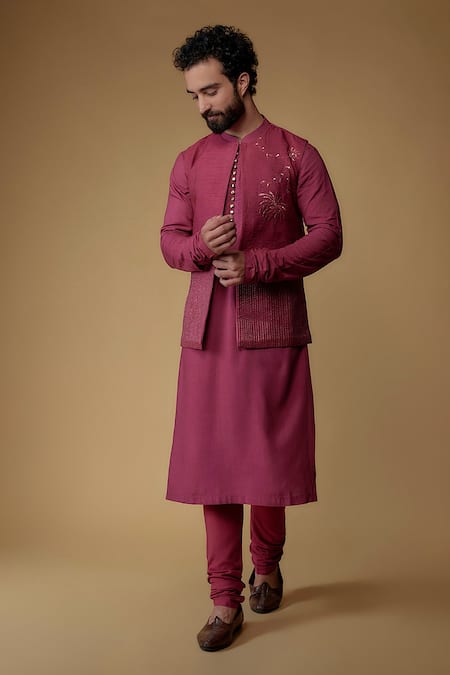 Ritambh By Rishi & Sachin Fuchsia Cotton, Silk Embroidery Nehru Jacket Set 
