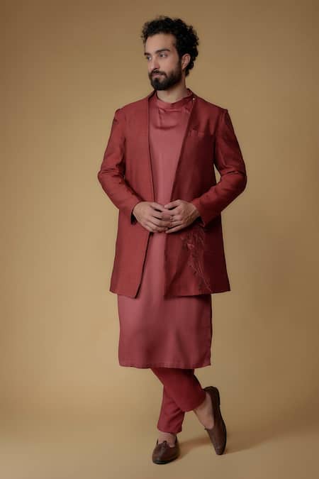 Ritambh By Rishi & Sachin Plain Red Silk Kurta Set 