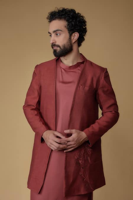 Ritambh By Rishi & Sachin Plain Red Silk Kurta Set 