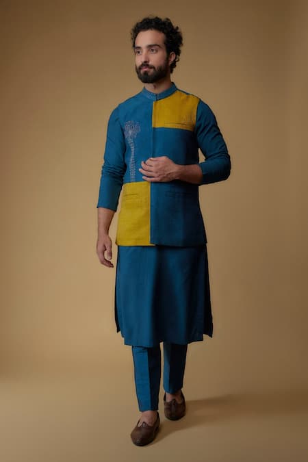 Ritambh By Rishi & Sachin Blue Silk Nehru Jacket Set 