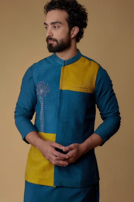 Ritambh By Rishi & Sachin Blue Silk Nehru Jacket Set 
