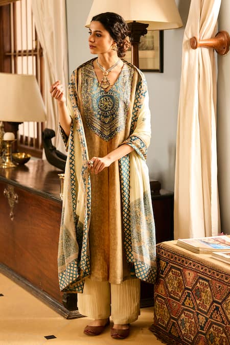 Saundh_Cream Muslin, Cotton Satin, Viscose Embroidery Printed Kurta Set With Dupatta _Online_at_Aza_Fashions