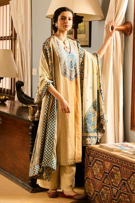 Shop_Saundh_Cream Muslin, Cotton Satin, Viscose Embroidery Printed Kurta Set With Dupatta _Online_at_Aza_Fashions