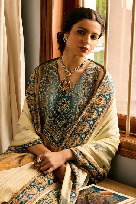 Saundh_Cream Muslin, Cotton Satin, Viscose Embroidery Printed Kurta Set With Dupatta _at_Aza_Fashions