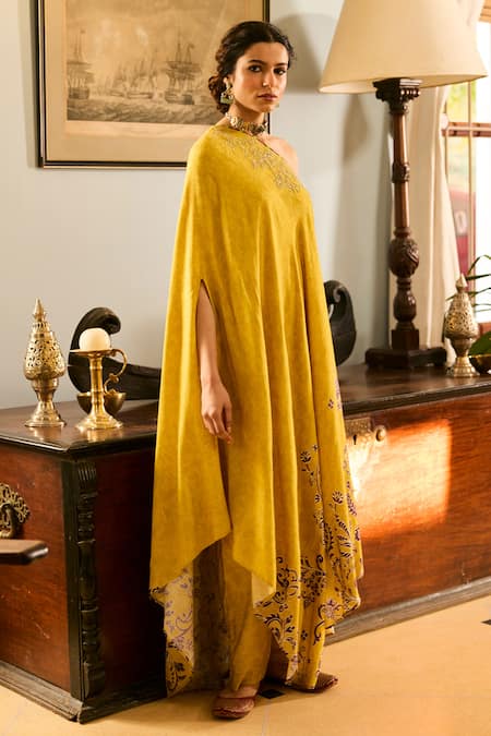 Buy_Saundh_Yellow Muslin Embroidery Asymmetric Silk Kaftan And Pant Set _Online_at_Aza_Fashions