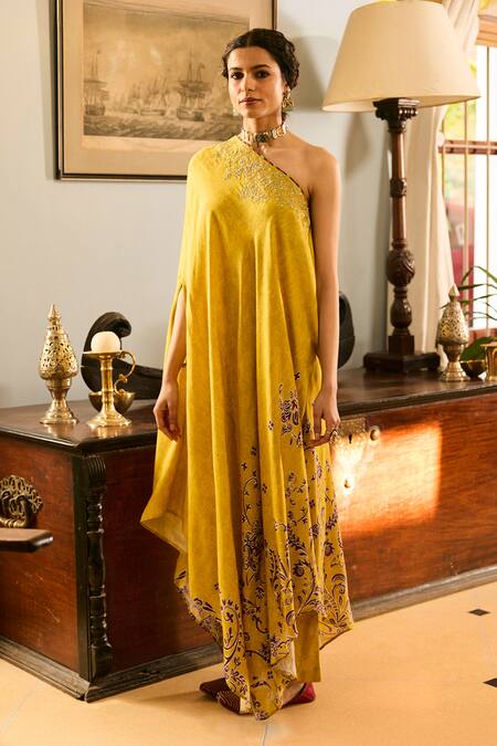 Shop_Saundh_Yellow Muslin Embroidery Asymmetric Silk Kaftan And Pant Set _Online_at_Aza_Fashions