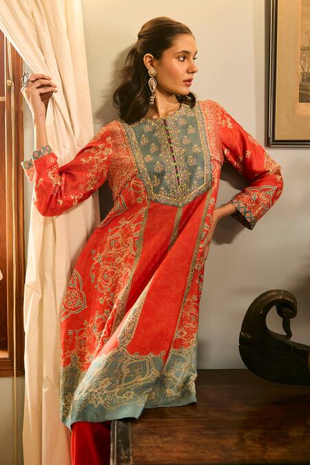 Buy_Saundh_Orange Chiffon, Viscose Embroidery Round Neck Printed Kurta Set  _Online_at_Aza_Fashions