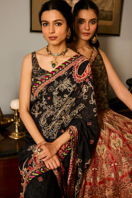 Saundh_Red Muslin, Silk V-neck Printed Fusion Lehenga And Blouse Set _Online_at_Aza_Fashions