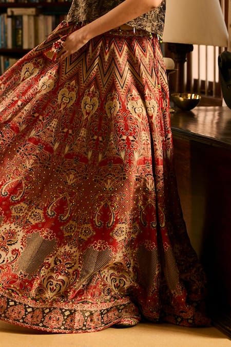 Shop_Saundh_Red Muslin, Silk V-neck Printed Fusion Lehenga And Blouse Set _Online_at_Aza_Fashions